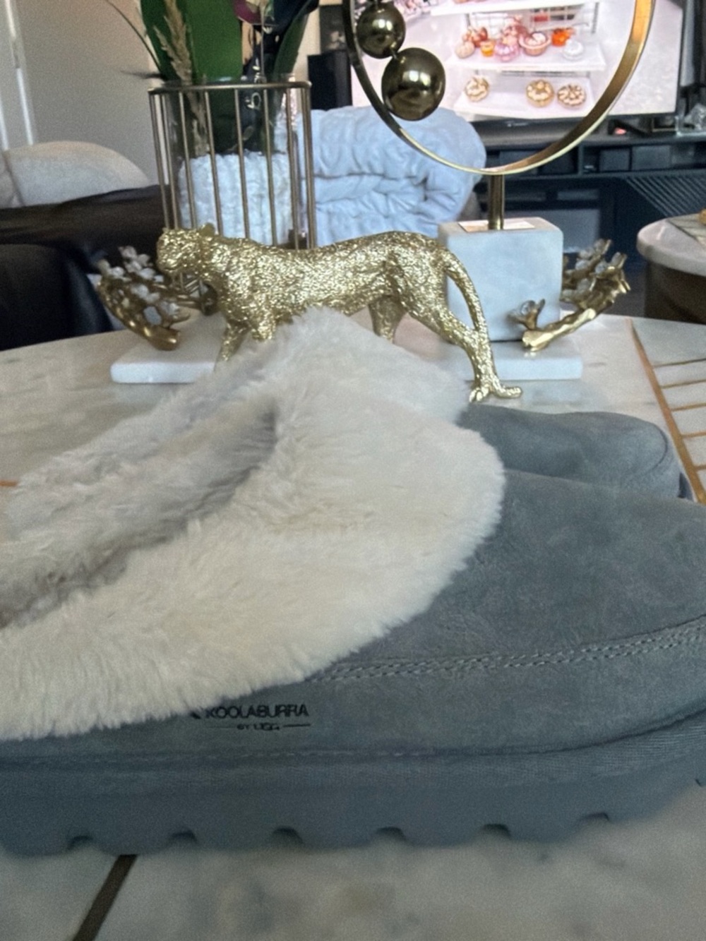 Koolaburra Gray Suede Slip-On Slipper with Cream Shearling Cuff